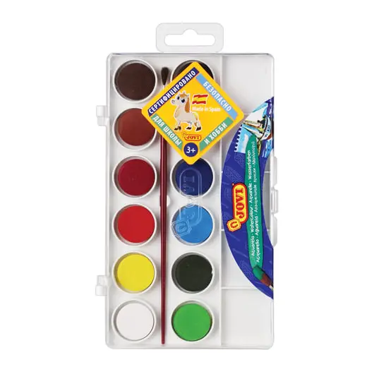 Краски акварельные JOVI, 12 цветов, с кистью, пластиковая коробка, европодвес, 800/12, фото 2