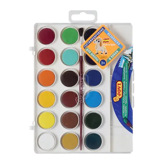 Краски акварельные JOVI, 18 цветов, с кистью, пластиковая коробка, европодвес, 800/18, фото 1