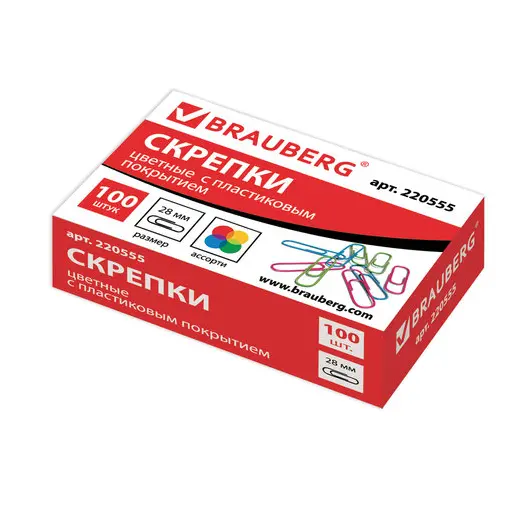 Скрепки BRAUBERG, 28 мм, цветные, 100 шт., в картонной коробке, 220555, фото 1