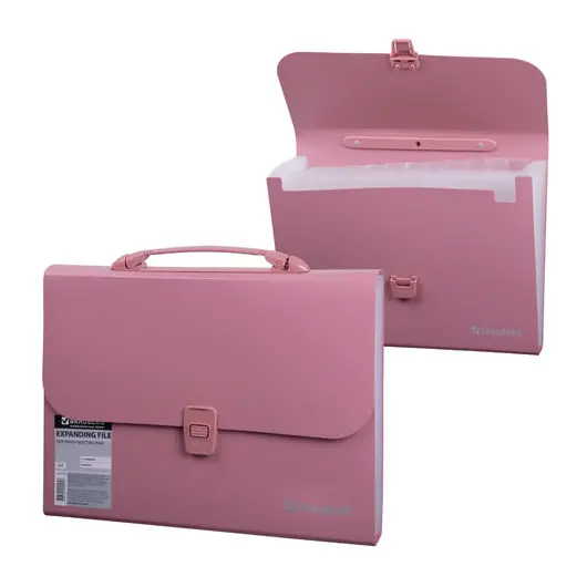 Портфель пластиковый BRAUBERG А4 (327х254х30 мм), 13 отделений, индексные ярлыки, розовый, 221441, фото 1