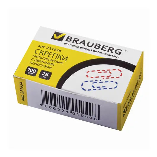 Скрепки BRAUBERG, 28 мм с цветными полосками, 100 шт., в картонной коробке, 221534, фото 1