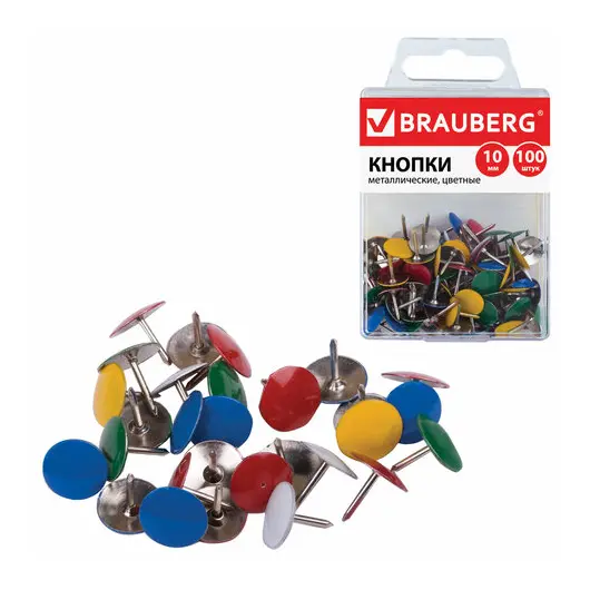 Кнопки канцелярские BRAUBERG, металлические, цветные, 10 мм, 100 шт., в пластиковой коробке, 221114, фото 2