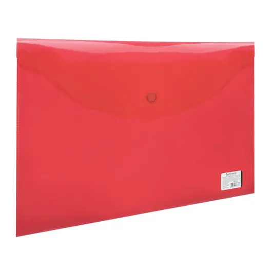 Папка-конверт с кнопкой BRAUBERG, А4, до 100 листов, прозрачная, красная, 0,15 мм, 221636, фото 1
