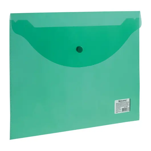 Папка-конверт с кнопкой BRAUBERG, А4, до 100 листов, прозрачная, зеленая, 0,15 мм, 221635, фото 1