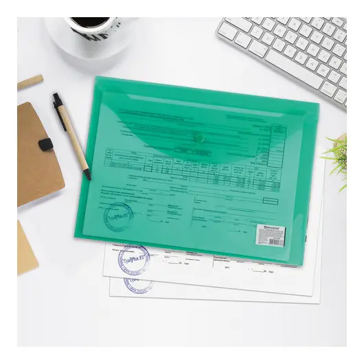 Папка-конверт с кнопкой BRAUBERG, А4, до 100 листов, прозрачная, зеленая, 0,15 мм, 221635, фото 8