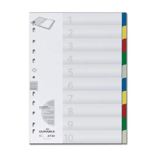 Разделитель пластиковый DURABLE, 10 листов, А4, цифровой 1-10, цветной, оглавление, 6740-27, фото 1