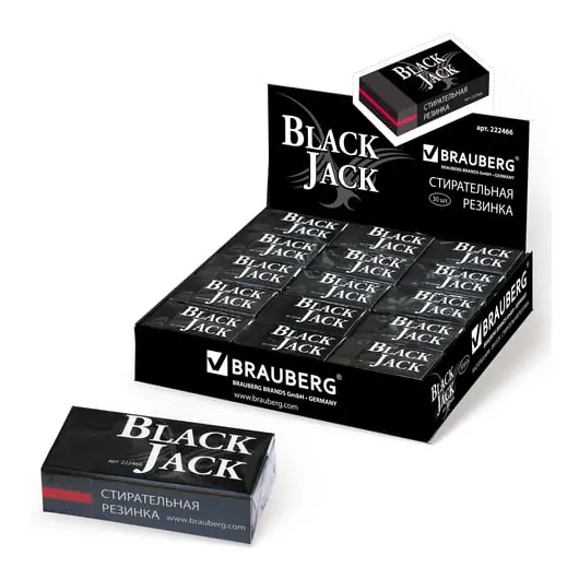 Ластик BRAUBERG &quot;BlackJack&quot;, 40х20х11 мм, черный, прямоугольный, термоплатичная резина, картонный держатель, 222466, фото 1