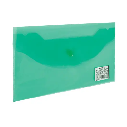Папка-конверт с кнопкой МАЛОГО ФОРМАТА (250х135 мм), прозрачная, зеленая, 0,15 мм, BRAUBERG, 224029, фото 1