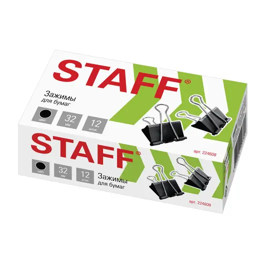 Зажимы для бумаг STAFF, КОМПЛЕКТ 12 шт., 32 мм, на 140 листов, черные, картонная коробка, 224608, фото 1