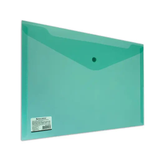 Папка-конверт с кнопкой BRAUBERG, А4, до 100 листов, прозрачная, зеленая, СВЕРХПРОЧНАЯ 0,18 мм, 224810, фото 1
