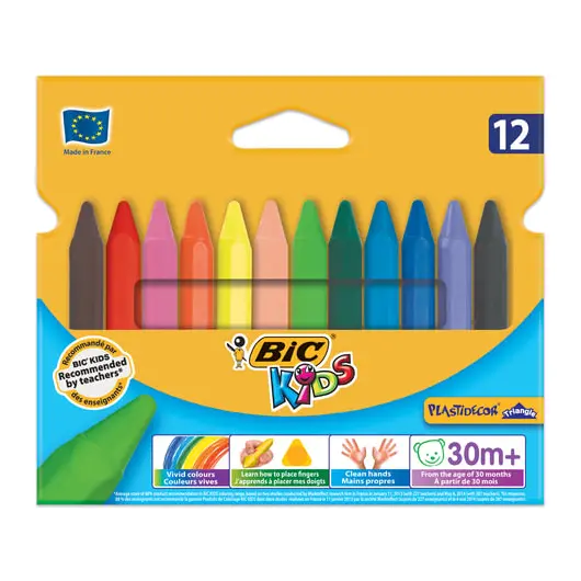Мелки пластиковые утолщенные BIC &quot;Plastidecor&quot;, 12 цветов, трехгранные, картонная упаковка, подвес, 829773, фото 1