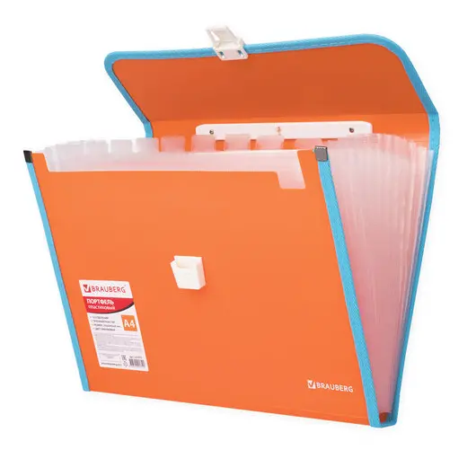 Портфель пластиковый BRAUBERG &quot;Joy&quot;, А4 (330х245х35 мм), 13 отделений, с окантовкой, индексные ярлыки, оранжевый, 227975, фото 2