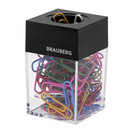 Скрепочница магнитная BRAUBERG, 100 цветных скрепок 28 мм, прозрачный корпус, 228401, фото 1