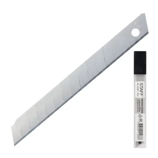 Лезвия для ножей 9 мм КОМПЛЕКТ 10 ШТ., толщина лезвия 0,38 мм, в пластиковом пенале, STAFF, 235465, фото 1