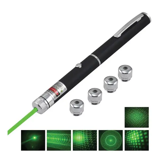Указка лазерная, радиус 1000 м, зеленый луч, плюс 5 насадок, черный корпус, клип, футляр, GP-02, фото 3