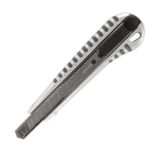 Нож универсальный 9 мм BRAUBERG &quot;Metallic&quot;, металлический корпус (рифленый), автофиксатор, блистер, 236971, фото 1