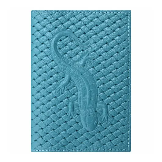 Обложка для паспорта натуральная кожа плетенка, с ящерицей, бирюзовая, STAFF, 237202, фото 1