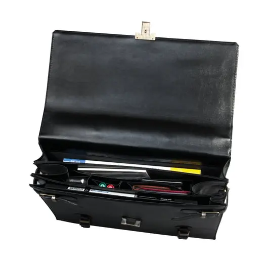 Портфель из натуральной кожи, 33х25х8 см, 3 отделения, замок с ключом, черный, 1-004, фото 4