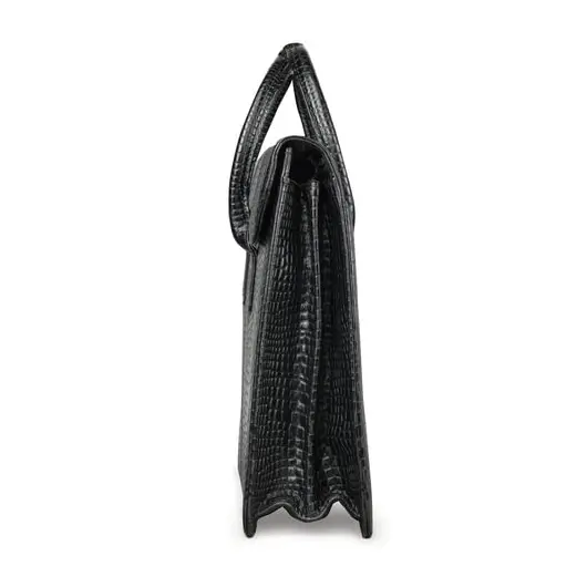 Портфель-сумка женский из натуральной кожи, 38х28х8 см, под крокодила, 2 отдела, клапан с магнитом, черный, 8-095, фото 3