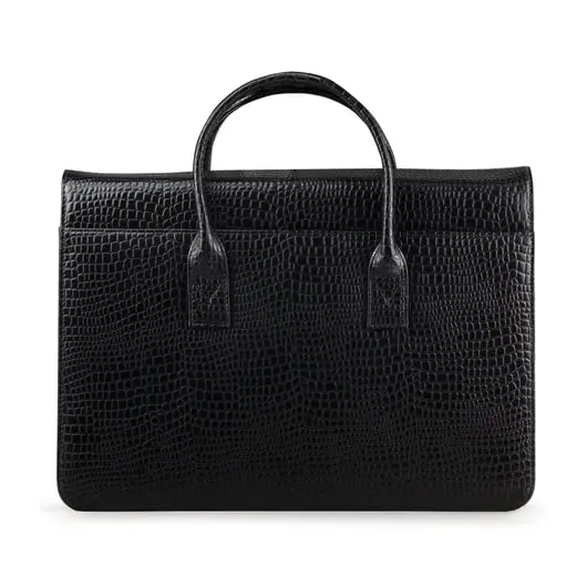 Портфель-сумка женский из натуральной кожи, 38х28х8 см, под крокодила, 2 отдела, клапан с магнитом, черный, 8-095, фото 2