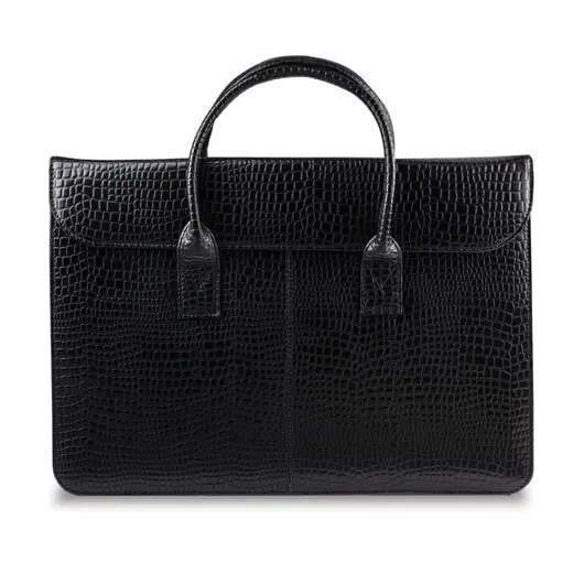 Портфель-сумка женский из натуральной кожи, 38х28х8 см, под крокодила, 2 отдела, клапан с магнитом, черный, 8-095, фото 1