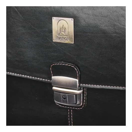 Портфель из натуральной кожи, 39х30х10 см, 2 отделения, замок с ключом, черный, 2-142, фото 2