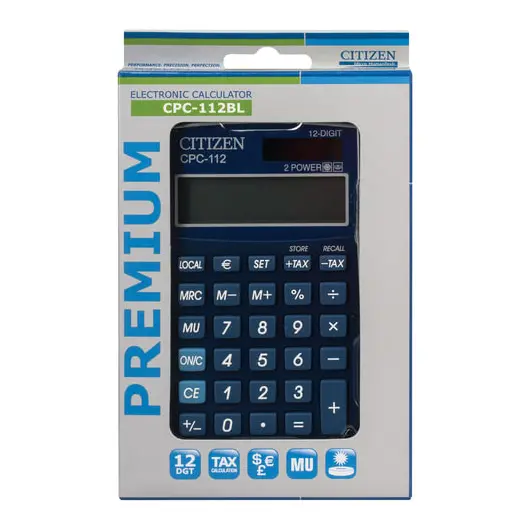 Калькулятор CITIZEN карманный CPC-112BLWB, 12 разрядов, двойное питание, 120х72 мм, синий, фото 2