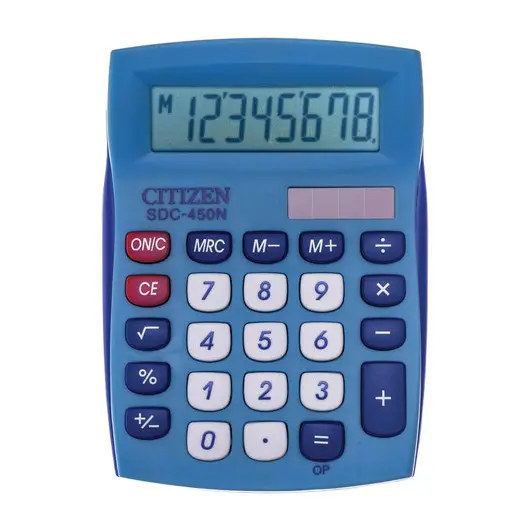 Калькулятор настольный CITIZEN SDC-450NBLCFS, КОМПАКТНЫЙ (120x87 мм), 8 разрядов, двойное питание, СИНИЙ, фото 2