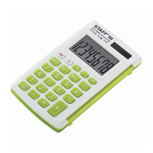 Калькулятор карманный STAFF STF-6238 (104х63 мм), 8 разядов, двойное питание, БЕЛЫЙ С ЗЕЛЁНЫМИ КНОПКАМИ, блистер, 250283, фото 4