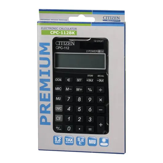 Калькулятор CITIZEN карманный CPC-112BKWB, 12 разрядов, двойное питание, 120х72 мм, черный, фото 2