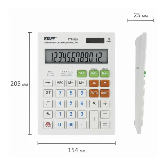 Калькулятор настольный STAFF STF-555-WHITE (205х154 мм), 12 разрядов, двойное питание, CORRECT, TAX, БЕЛЫЙ, 250305, фото 7