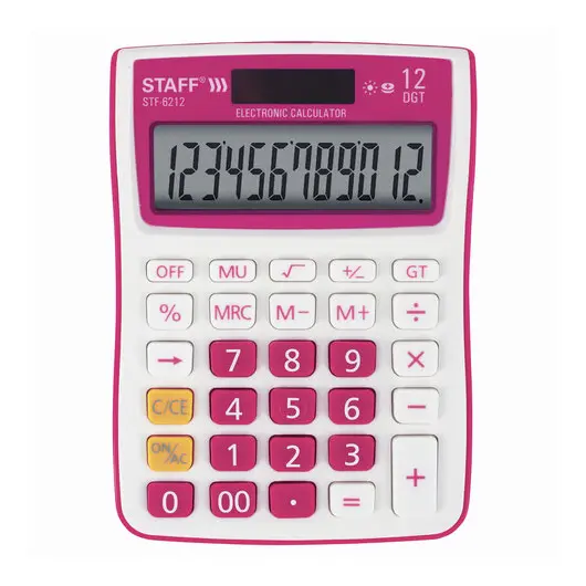 Калькулятор настольный STAFF STF-6212, КОМПАКТНЫЙ (148х105 мм), 12 разрядов, двойное питание, МАЛИНОВЫЙ, блистер, 250291, фото 2