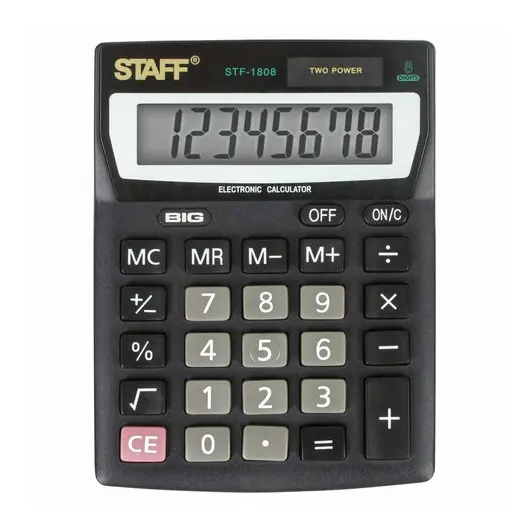 Калькулятор настольный STAFF STF-1808, КОМПАКТНЫЙ (140х105 мм), 8 разрядов, двойное питание, 250133, фото 2