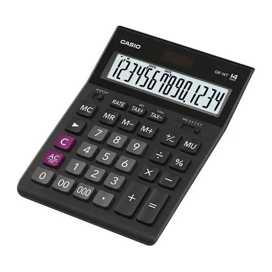 Калькулятор настольный CASIO GR-14T-W (210х155 мм), 14 разрядов, двойное питание, черный, GR-14T-W-EP, фото 2