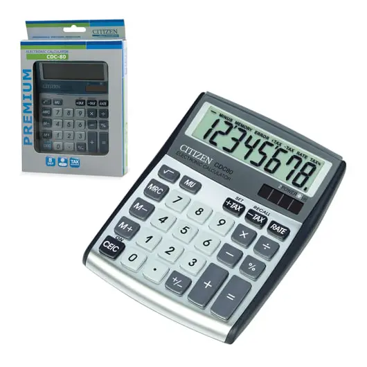 Калькулятор настольный CITIZEN CDC-80WB, КОМПАКТНЫЙ (135x108 мм), 8 разрядов, двойное питание, фото 3