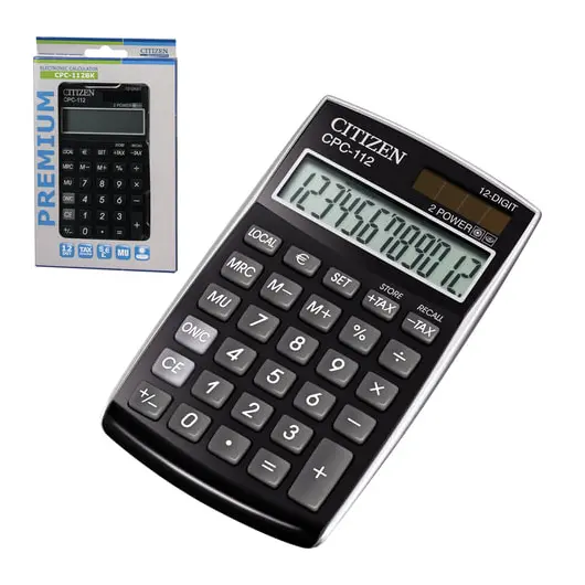 Калькулятор CITIZEN карманный CPC-112BKWB, 12 разрядов, двойное питание, 120х72 мм, черный, фото 1
