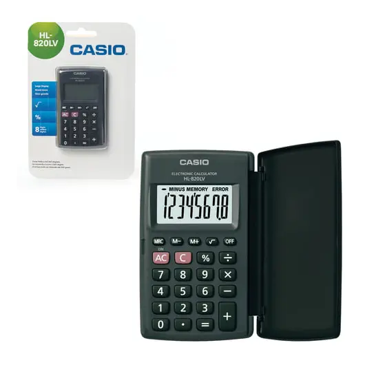 Калькулятор карманный CASIO HL-820LV-BK-S (104х63х7,4 мм), 8 разрядов, питание от батареи, блистер, черный, HL-820LV-BK-S-G, фото 1