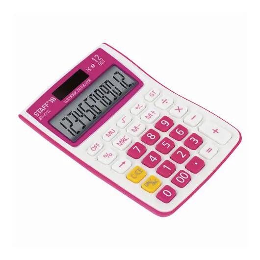 Калькулятор настольный STAFF STF-6212, КОМПАКТНЫЙ (148х105 мм), 12 разрядов, двойное питание, МАЛИНОВЫЙ, блистер, 250291, фото 3