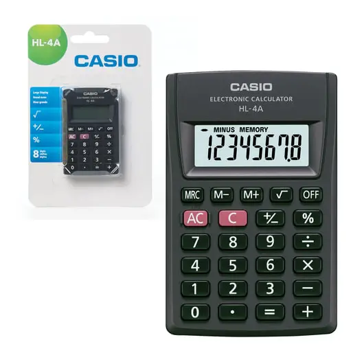 Калькулятор карманный CASIO HL-4A-S, КОМПАКТНЫЙ (87х56х8,6 мм), 8 разрядов, питание от батареи, черный, HL-4A-S-EP, фото 1