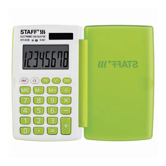 Калькулятор карманный STAFF STF-6238 (104х63 мм), 8 разядов, двойное питание, БЕЛЫЙ С ЗЕЛЁНЫМИ КНОПКАМИ, блистер, 250283, фото 2