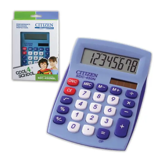 Калькулятор настольный CITIZEN SDC-450NBLCFS, КОМПАКТНЫЙ (120x87 мм), 8 разрядов, двойное питание, СИНИЙ, фото 3