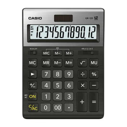 Калькулятор настольный CASIO GR-120-W (210х155 мм), 12 разрядов, двойное питание, черный, МЕТАЛЛИЧЕСКАЯ ВЕРХЯЯ ПАНЕЛЬ, GR-120-W-EP, фото 1