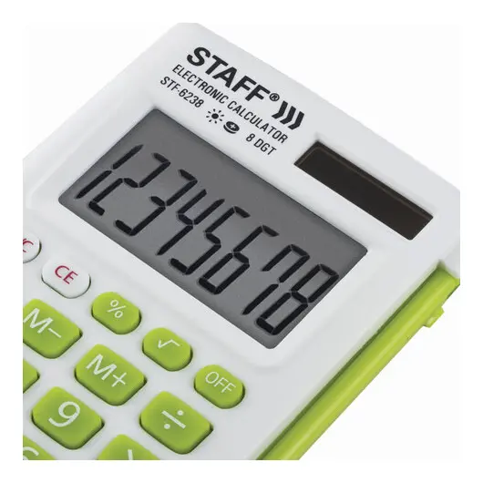 Калькулятор карманный STAFF STF-6238 (104х63 мм), 8 разядов, двойное питание, БЕЛЫЙ С ЗЕЛЁНЫМИ КНОПКАМИ, блистер, 250283, фото 6
