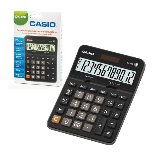 Калькулятор настольный CASIO DX-12B-W (175х129 мм), 12 разрядов, двойное питание, черный, DX-12B-W-EC, фото 1