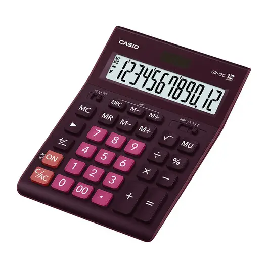 Калькулятор настольный CASIO GR-12С-WR (210х155 мм), 12 разрядов, двойное питание, БОРДОВЫЙ, GR-12C-WR-W-EP, фото 2
