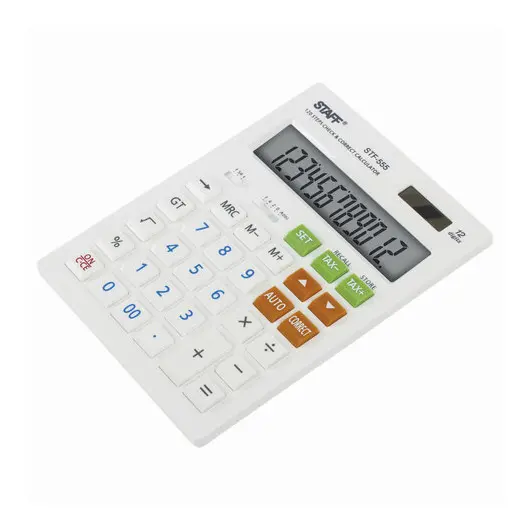 Калькулятор настольный STAFF STF-555-WHITE (205х154 мм), 12 разрядов, двойное питание, CORRECT, TAX, БЕЛЫЙ, 250305, фото 2
