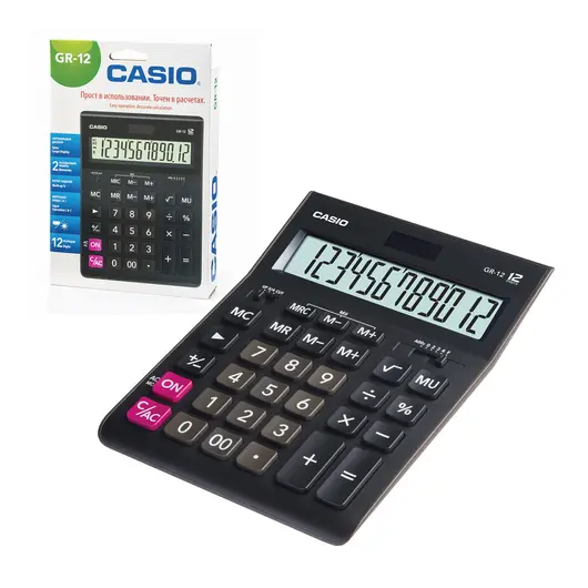 Калькулятор настольный CASIO GR-12-W (209х155 мм), 12 разрядов, двойное питание, европодвес, черный, GR-12-W-EP, фото 1