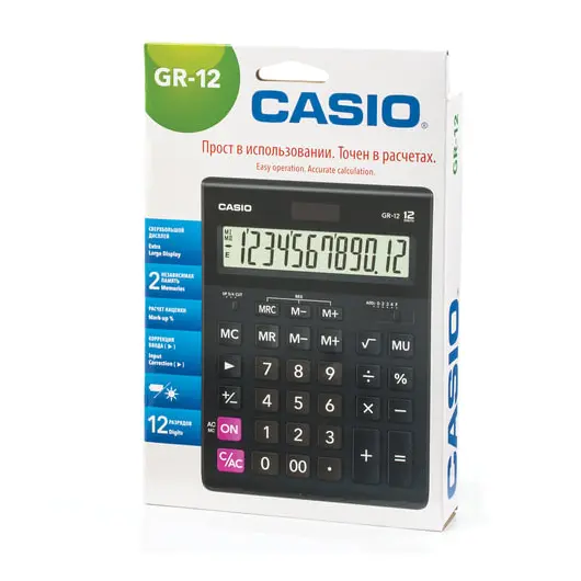 Калькулятор настольный CASIO GR-12-W (209х155 мм), 12 разрядов, двойное питание, европодвес, черный, GR-12-W-EP, фото 2