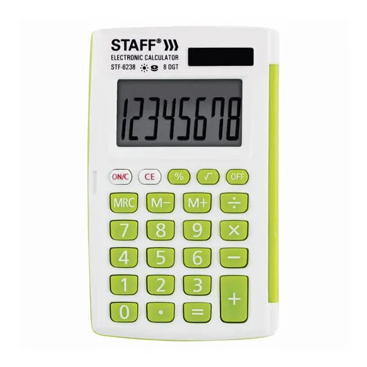 Калькулятор карманный STAFF STF-6238 (104х63 мм), 8 разядов, двойное питание, БЕЛЫЙ С ЗЕЛЁНЫМИ КНОПКАМИ, блистер, 250283, фото 1