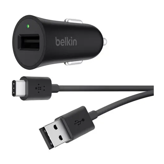 Зарядное устройство автомобильное BELKIN, кабель Type-C 1,2 м, серое, F7U032bt04-BLK, фото 1